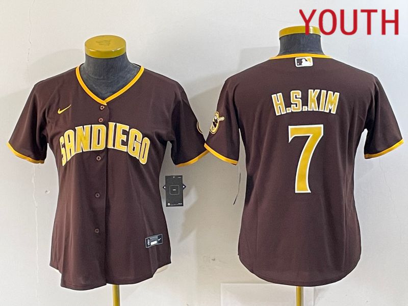 Youth San Diego Padres 7 H.S.Kim Brwon Nike 2024 Game MLB Jersey style 1